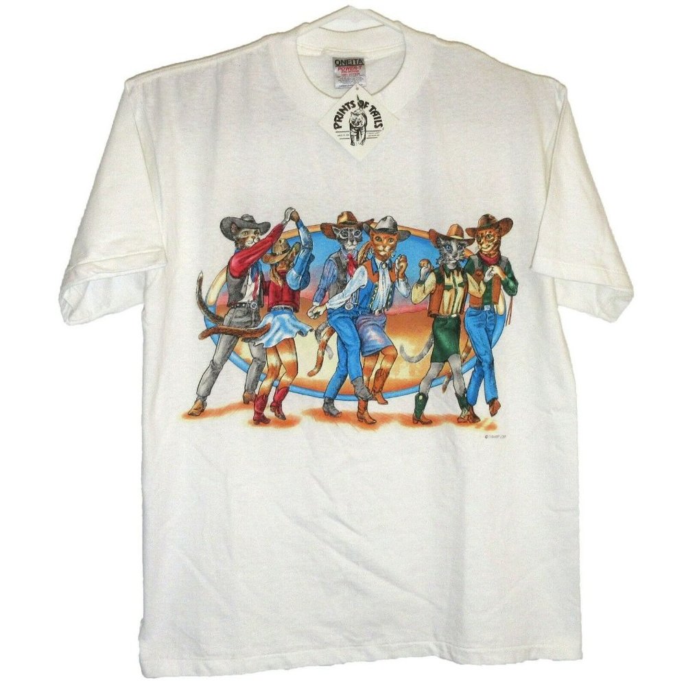 Vtg Single Stitch Dancing Cats Western Cowboys T-Shirt Loft Double Sided Large